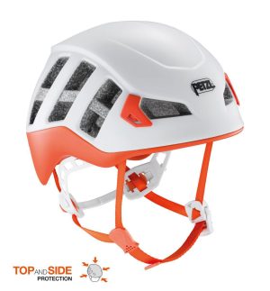 A white and orange climbing helmet with ventilation slots and adjustable straps, designed for safety and comfort during outdoor activities.