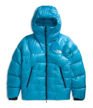 A vibrant blue puffy jacket with a hood, featuring a zip closure and two front pockets.