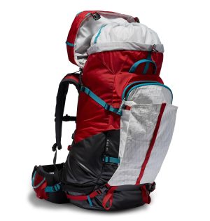 A large, colorful backpack featuring a red and gray design, equipped with multiple pockets and adjustable straps for outdoor activities.