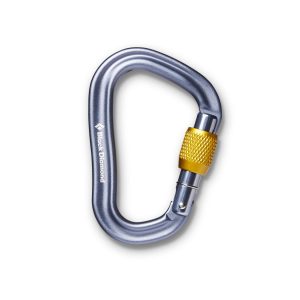 A metal carabiner with a silver body and a yellow screw-lock mechanism, designed for climbing and securing equipment.