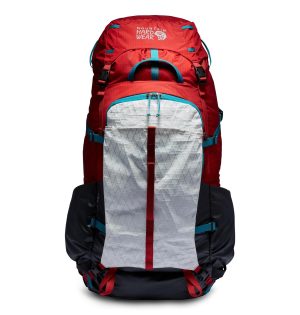 A large red and black backpack with multiple compartments, featuring a prominent front pocket and various straps for carrying.