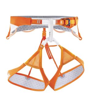 An orange climbing harness featuring adjustable straps and padding for comfort and safety during climbing activities.