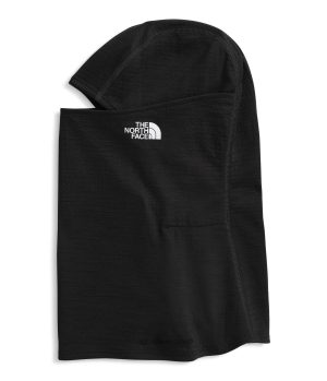 A black balaclava with a logo prominently displayed, designed for outdoor activities or cold weather protection.