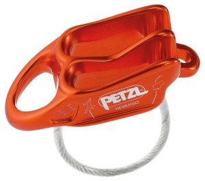 An orange climbing belay device featuring dual slots for ropes and a wire loop, designed for safety in sport climbing.