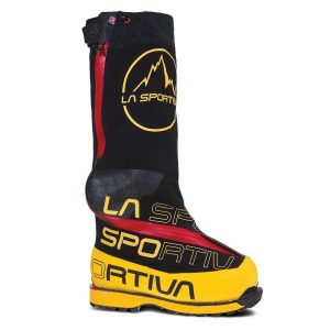 A high-performance mountaineering boot featuring a black and yellow design with prominent branding from La Sportiva.