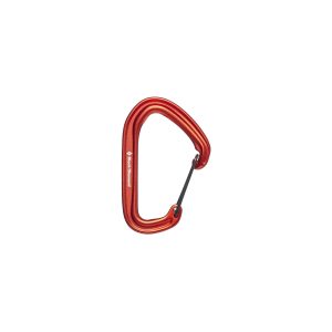 A red aluminum carabiner designed for climbing, featuring a locking mechanism and lightweight construction for safety and durability.