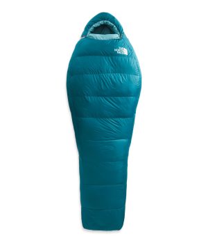 A teal-colored sleeping bag with a hood, designed for outdoor camping and insulation.