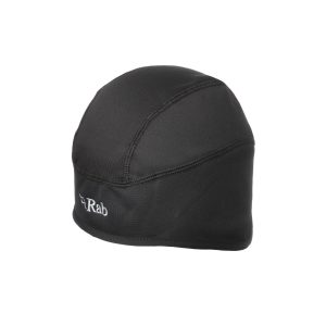 A black, fitted beanie hat made from a stretchable material, designed for outdoor activities and featuring the Rab logo.