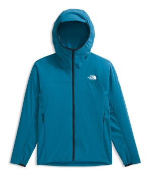 A blue, hooded jacket designed for outdoor activities, featuring a front zipper and minimalistic design.