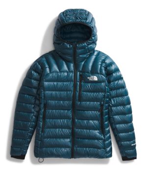A teal puffer jacket with a hood, featuring horizontal stitching, a zippered front, and the brand logo on the chest.