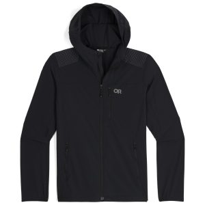 A sleek black jacket with a hood and zip-up front, featuring textured shoulders and side pockets.
