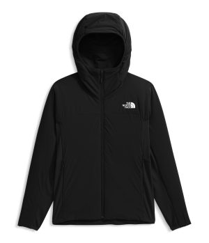 A black hooded jacket with a zip front and minimalistic design, featuring the logo of a well-known outdoor brand.