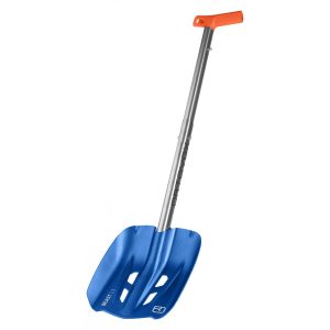 A blue snow shovel with a long metal handle and an orange grip, designed for removing snow.