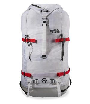 A white backpack with red straps, designed for outdoor activities and featuring a sleek, modern design from a well-known brand.