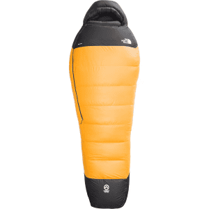 A vibrant orange and black sleeping bag designed for outdoor use, featuring a snug hood and side zip for warmth and comfort.