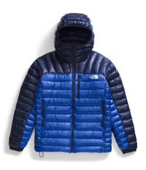 A blue puffy jacket with a hood, featuring a quilted design and contrasting dark blue sleeves.