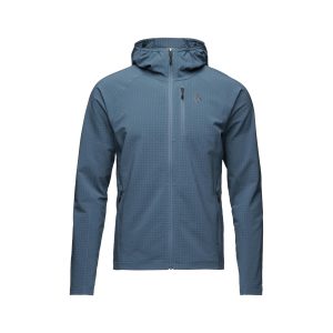 A blue hooded jacket designed for outdoor activities, featuring a full front zipper and a textured pattern.