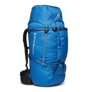 A large, blue backpack with multiple compartments, designed for outdoor activities, featuring adjustable straps and a durable fabric.