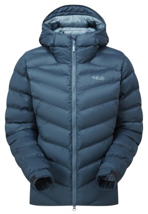 A navy blue puffer jacket with a hood, featuring a zip closure and a quilted design, suitable for cold weather.