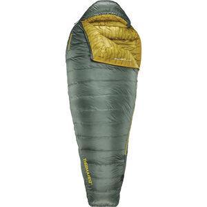 A green and yellow sleeping bag designed for outdoor camping, featuring an elongated shape and a partially open top.
