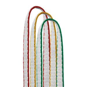 Three colorful shoelaces featuring red, yellow, green, and white stripes in a twisted design.