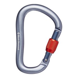 A blue and silver carabiner with a red locking mechanism, commonly used in climbing and outdoor activities for securing ropes and gear.