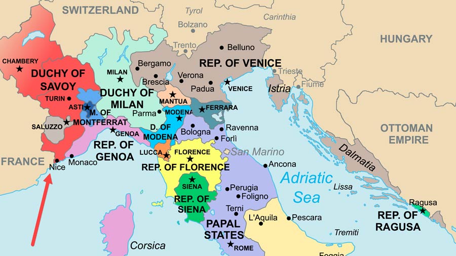 Map showing when Nice was part of the house of Savoy