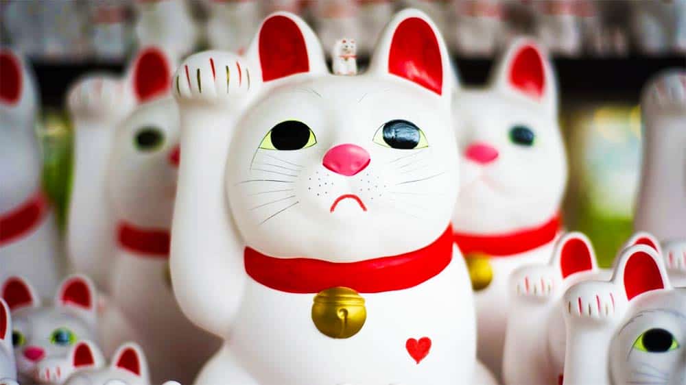 a bunch of white and red Japanese lucky cats waving goodbye