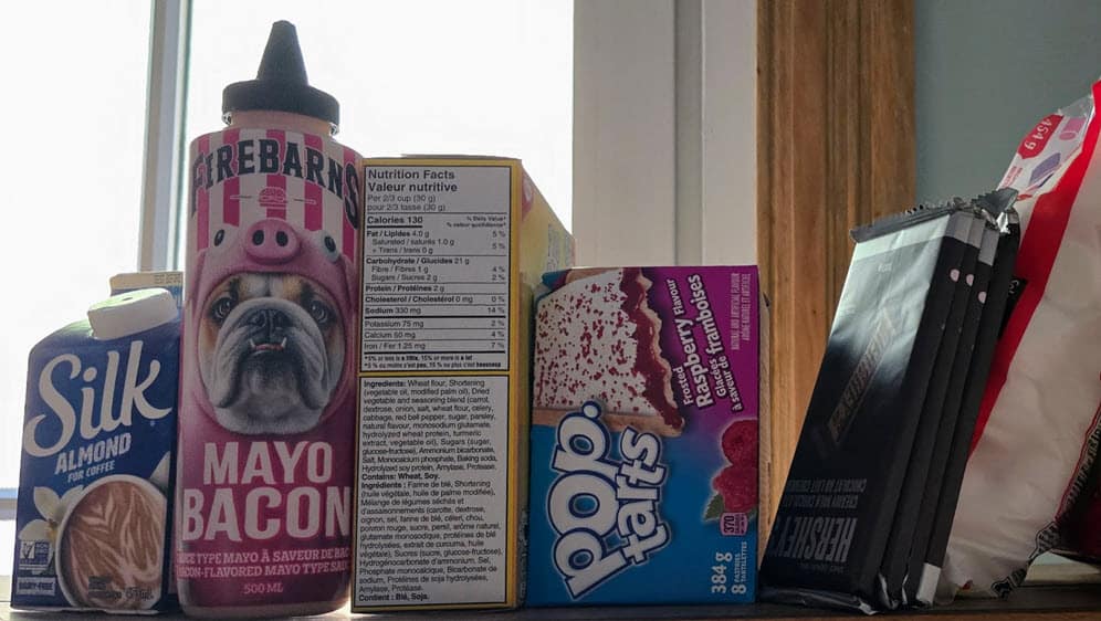 Bilingual product labels in Quebec showing French and English side by side — Bill 101 in action