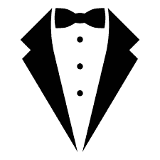Simple black and white icon of a dinner jacket featuring a bow tie, three buttons, and a jacket with wide lapels on a white background.