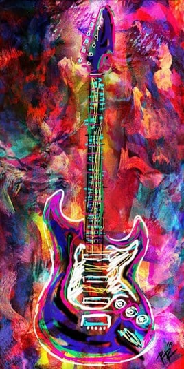 Colourful digital painting of an electric guitar with vibrant neon hues, outlined in bright colours, set against a swirling, abstract background of reds, purples, yellows, and blues.