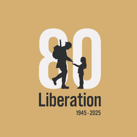 Silhouette of a soldier and child in front of a large “80,” with the word “Liberation” and the years “1945–2025” below, on a tan background.