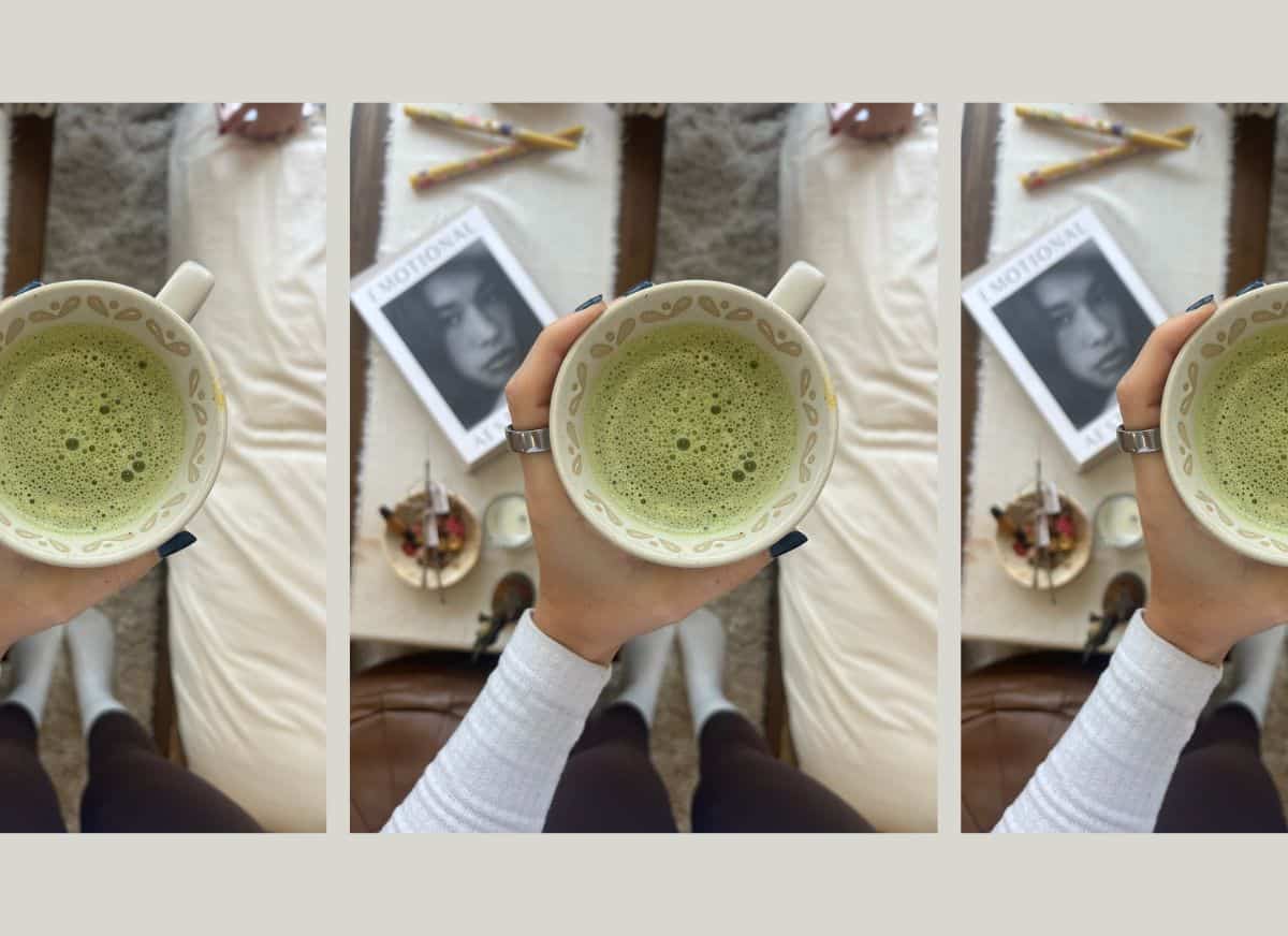 A girl with a healthy matcha drink.
