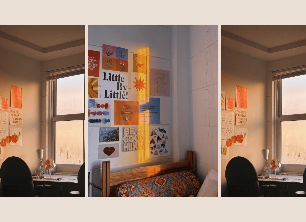 Photos of a dorm room.