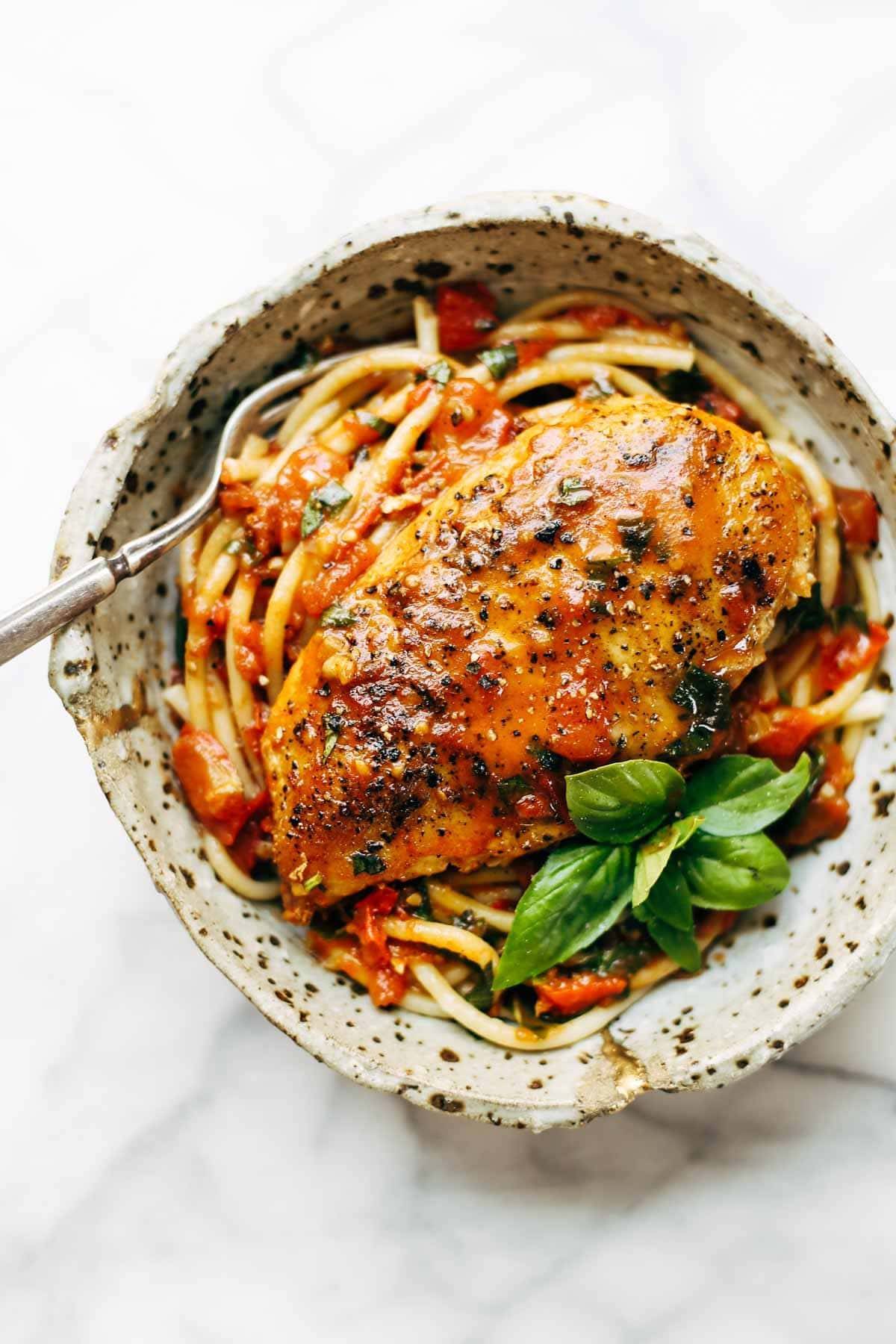 A pasta and chicken dish.