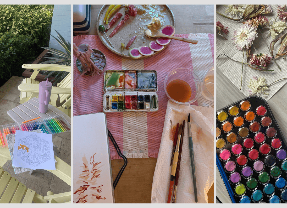 Coloring supplies and pages.