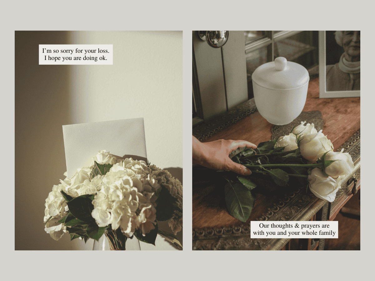 Flowers and card with condolence messages.