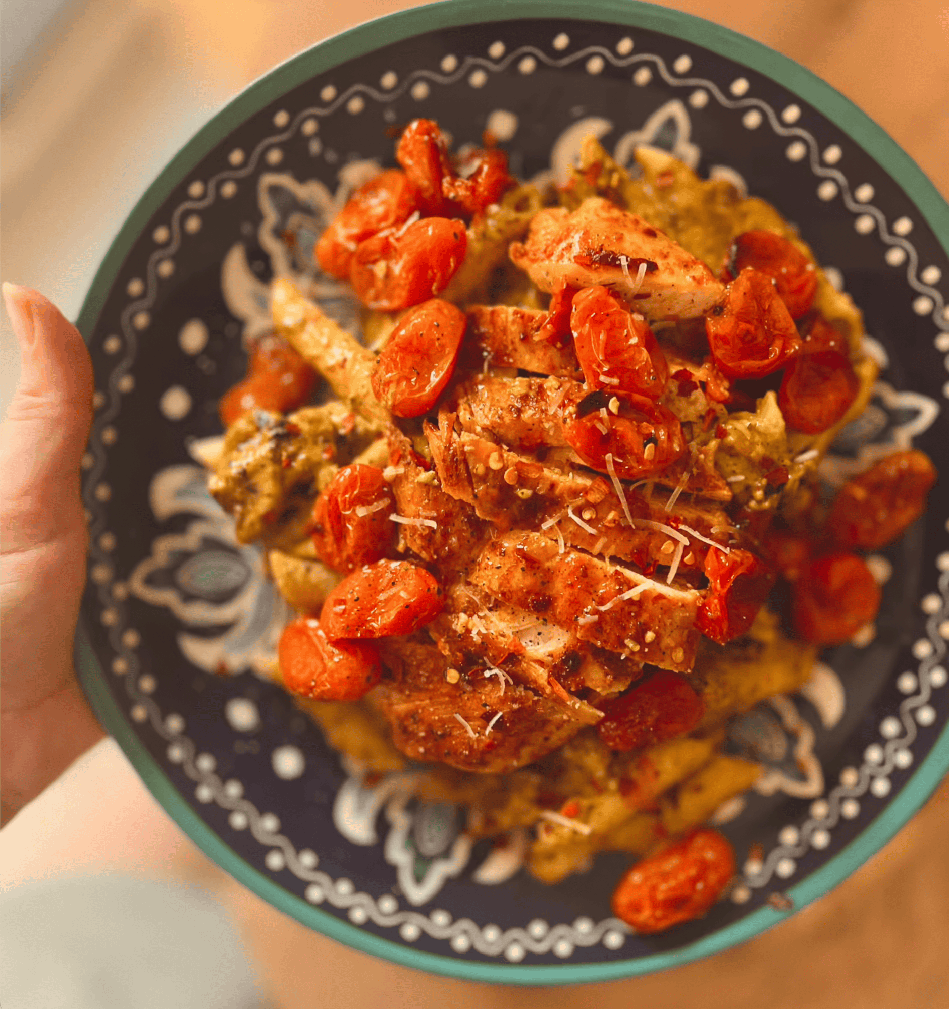 Dinner idea for two: Creamy Pesto Chicken with Roasted Tomatoes.