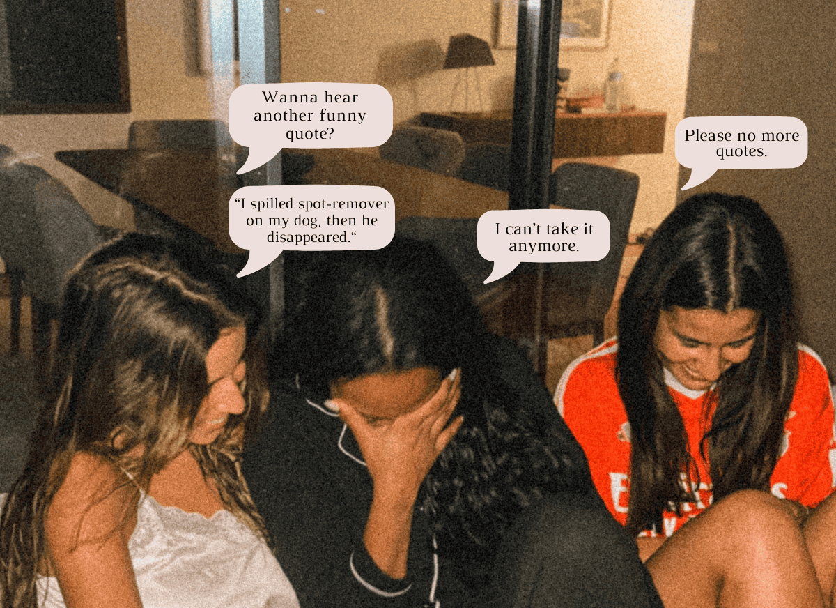 A girl telling funny jokes to friends.