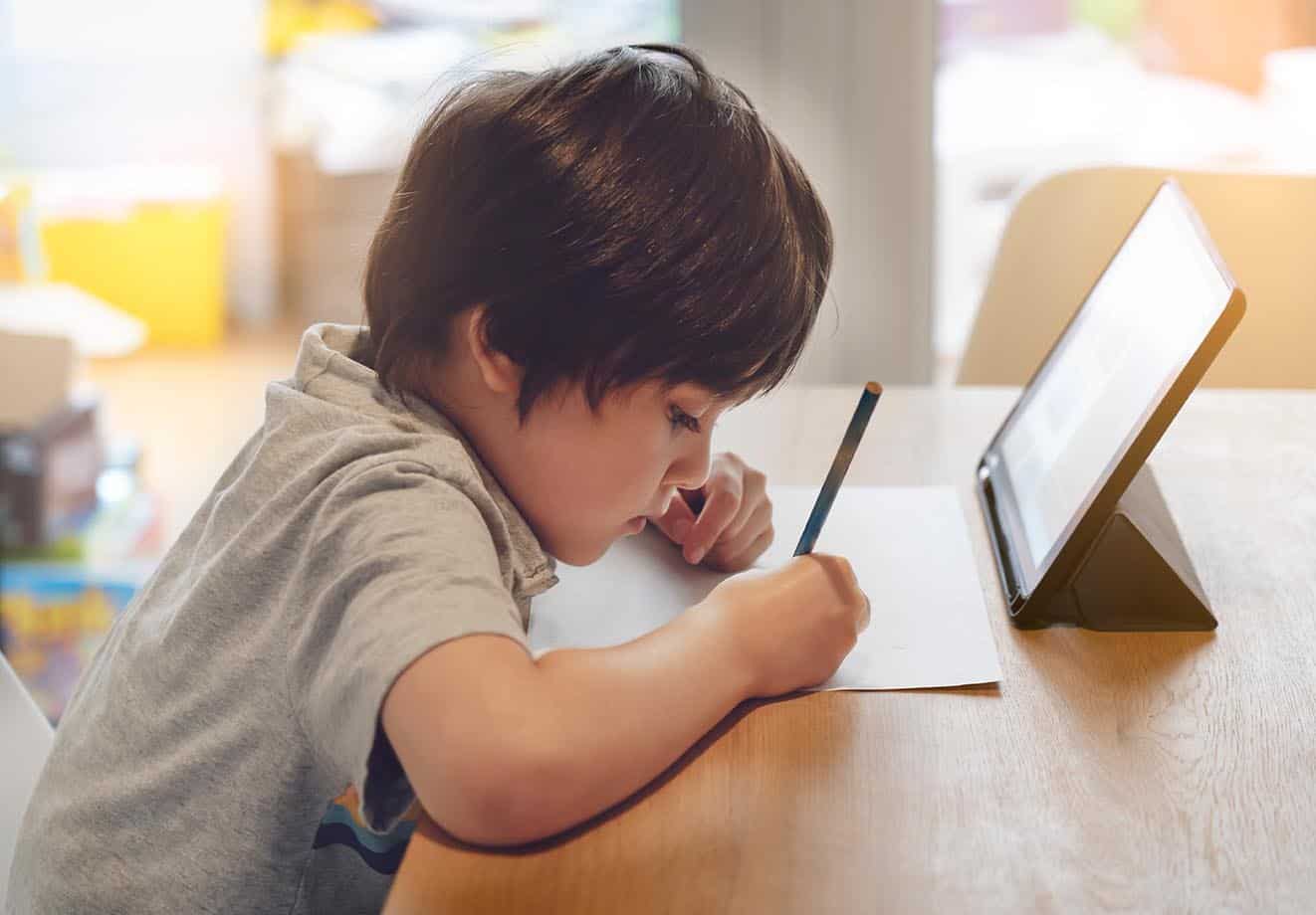 a young k-12 learner engages in personalized learning with brightspace on an ipad in his classroom