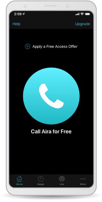 Screenshot on mobile device: Apply a Free Access Offer - Call Aira for Free