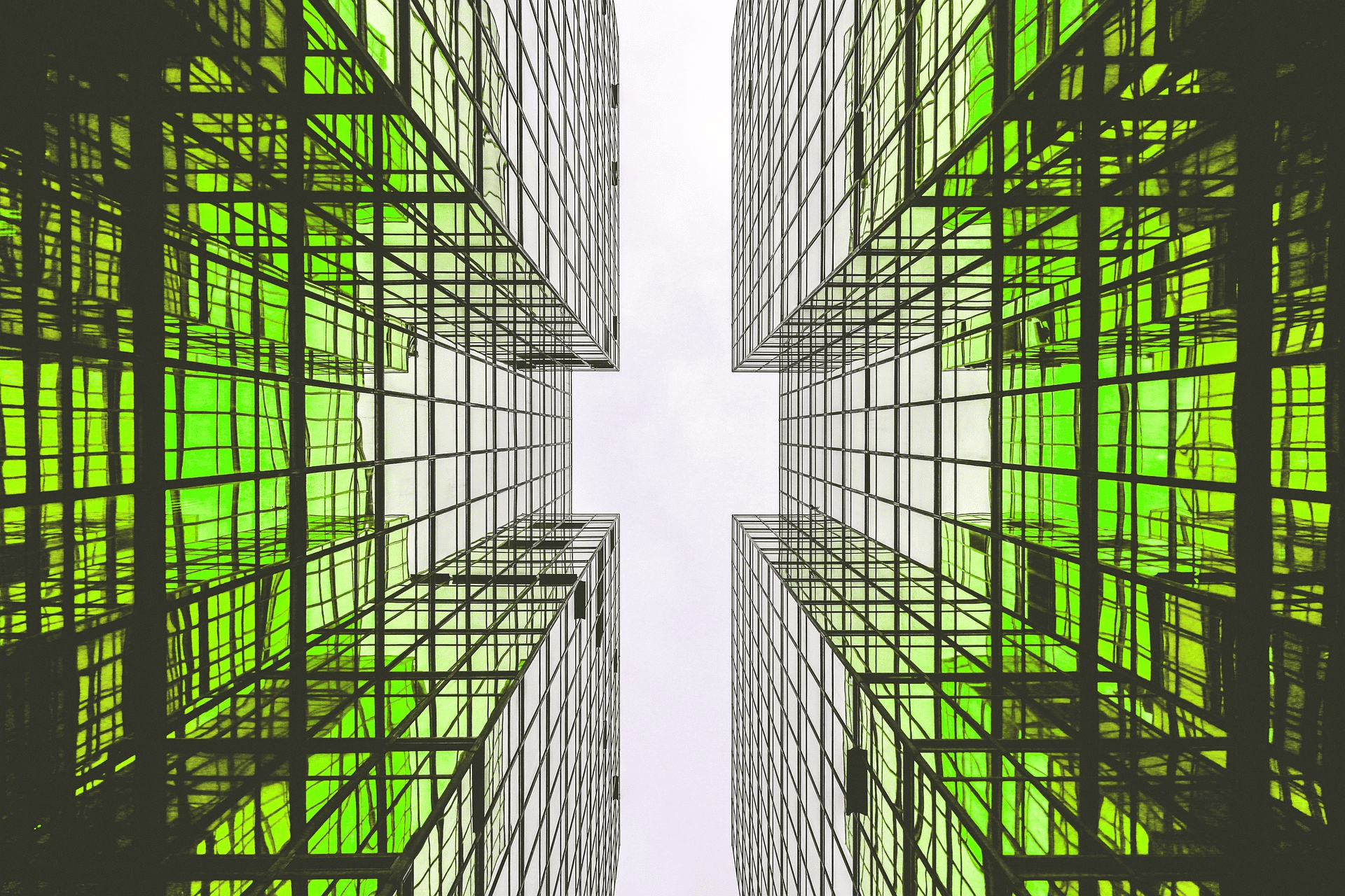 Abstract image of architecture with green highlights.