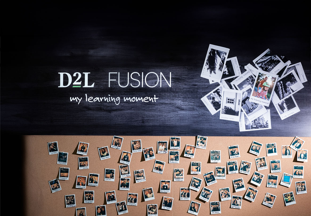 Cork board with words D2L Fusion written on it with photos pinned underneath title