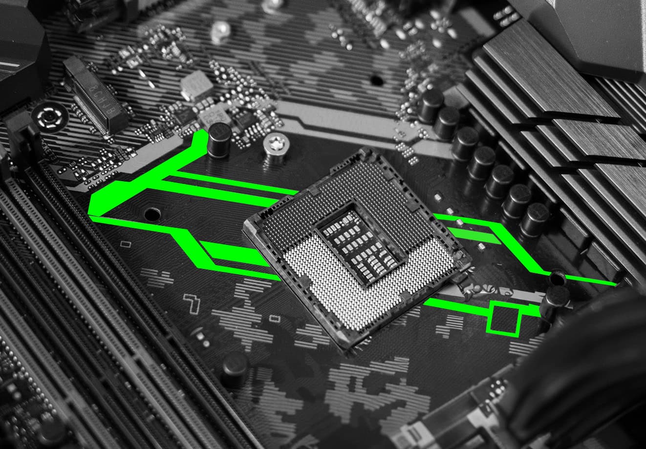 A computer's motherboard with green lines