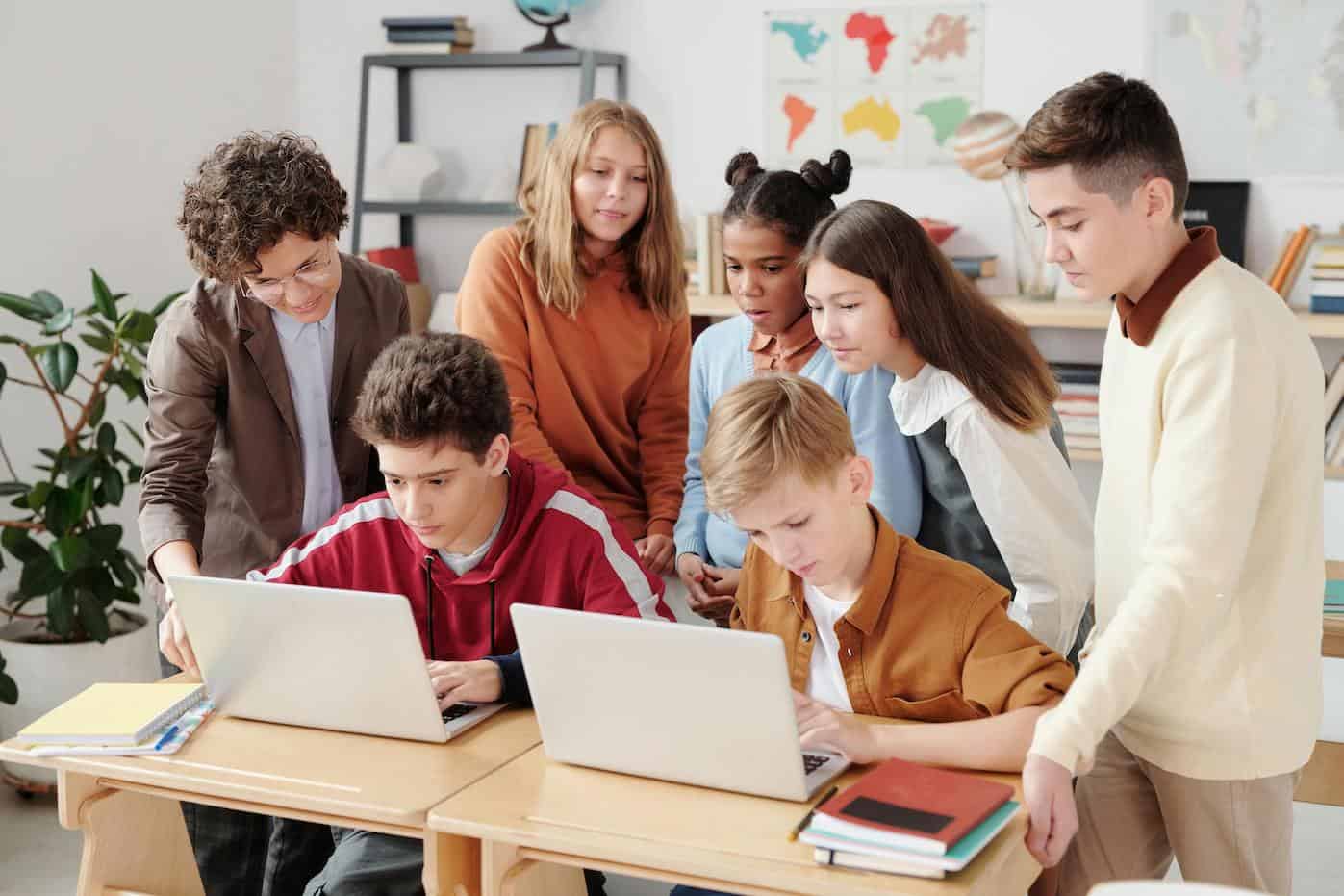 group of elementary school students studying