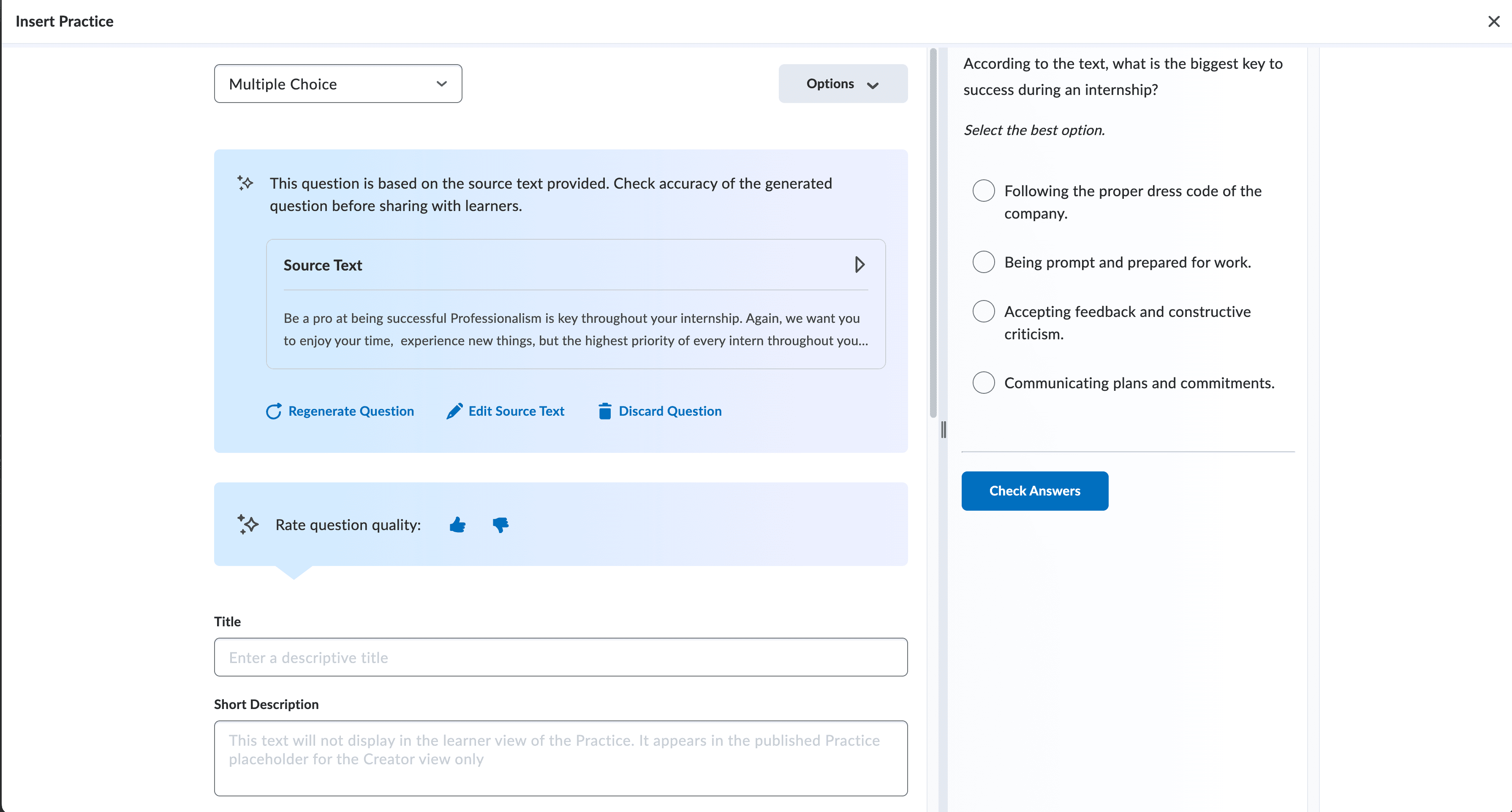Generate practice questions in Brightspace