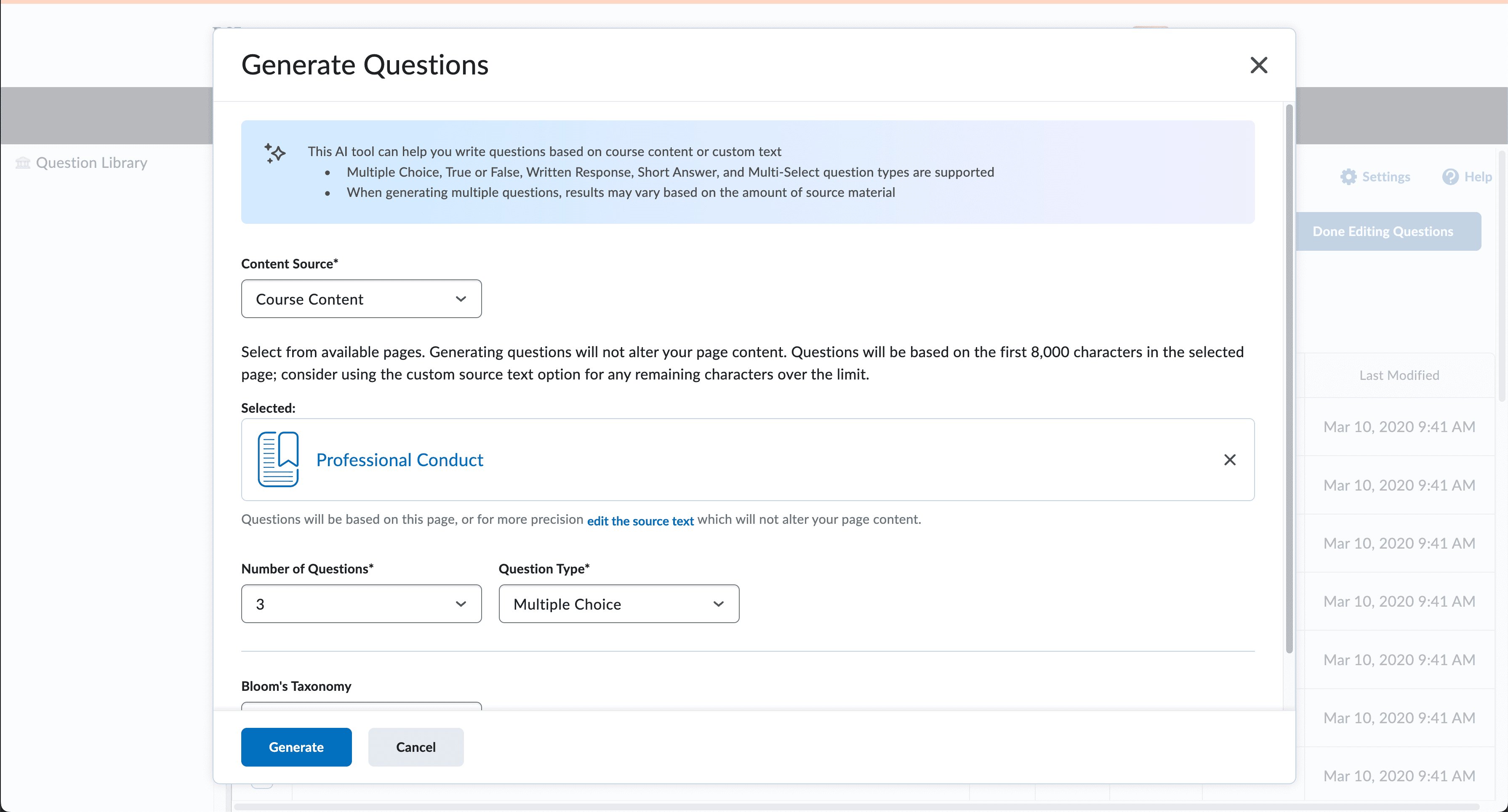 Generate practice questions in Brightspace
