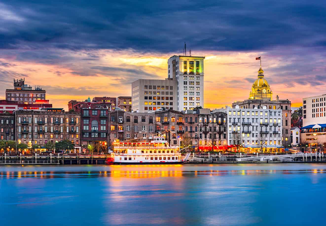 Savannah, Georgia shorefront at sunset