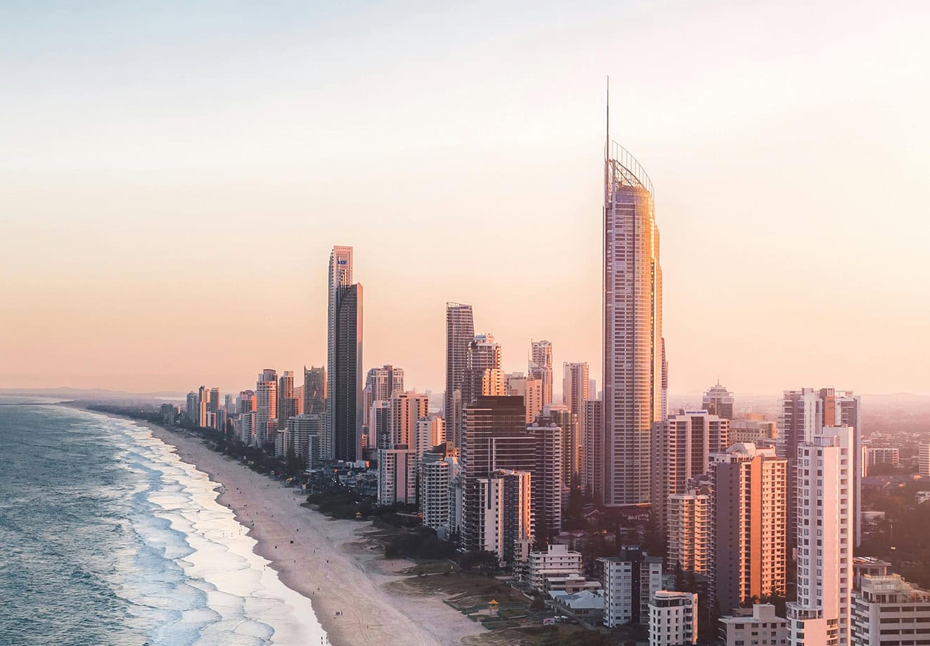 Arial shot of the beach and skyscrapers at Australia's Gold Coast