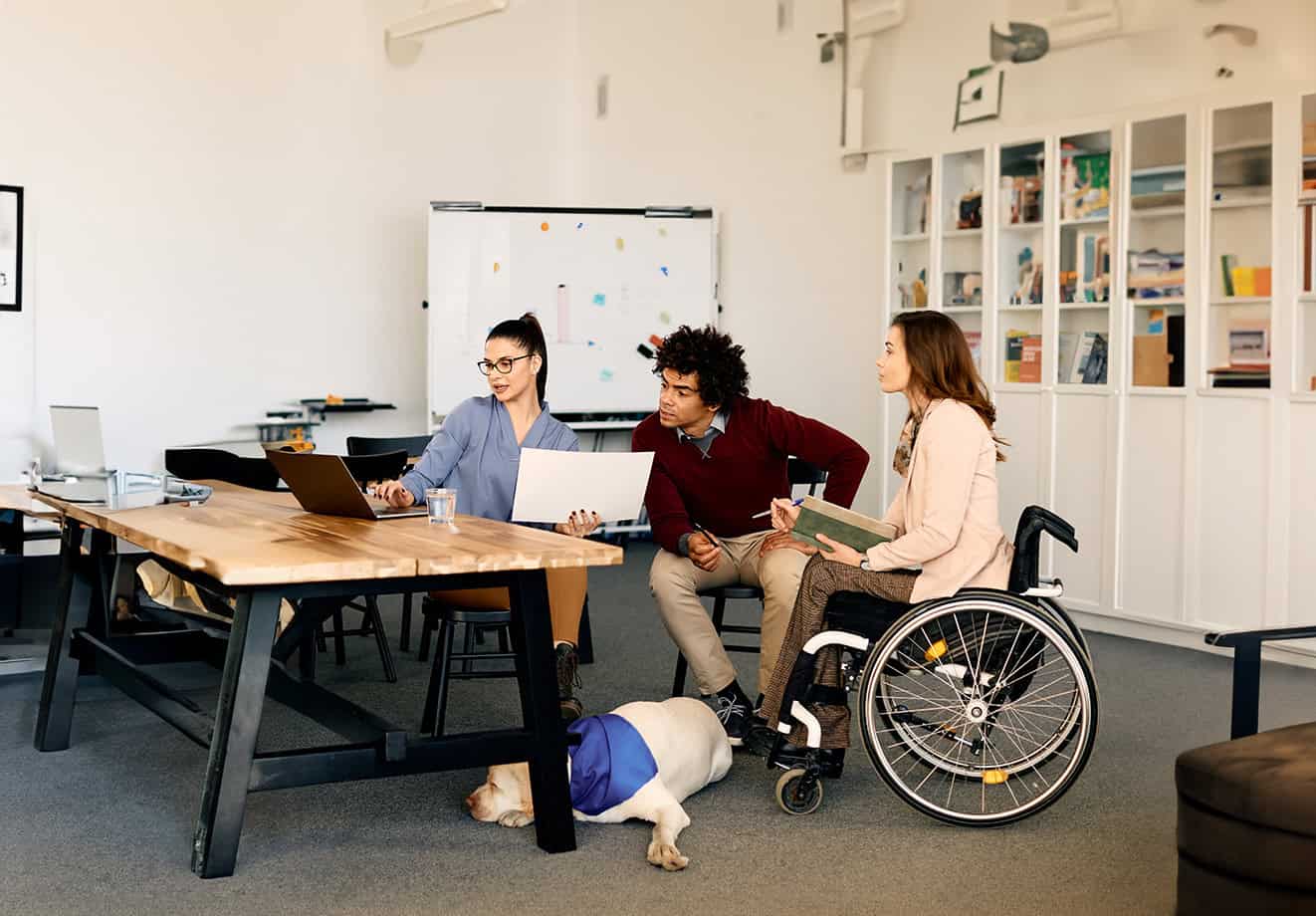 Three colleagues talking around a table. A guide dog lies sleeping below the table.
